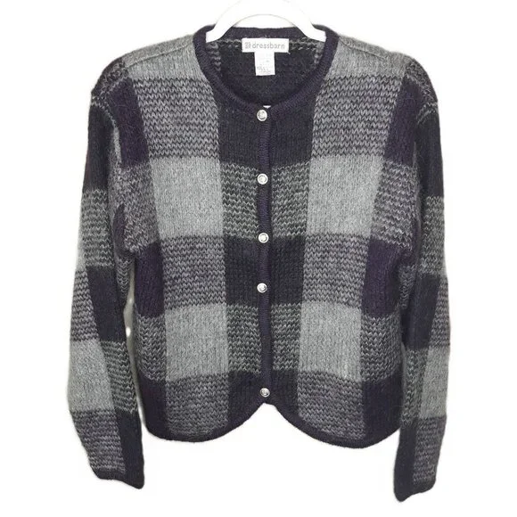 Dress Barn Mohair Blend Plaid Cardigan M Academia Preppy Twee Scandi - Picture 4 of 10